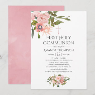 Rosa Hauch und Roségold Blumen Erstkommunion Einladung
