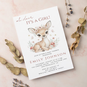 Rosa Hauch Wald Reh Mädchen Baby-Party Einladung