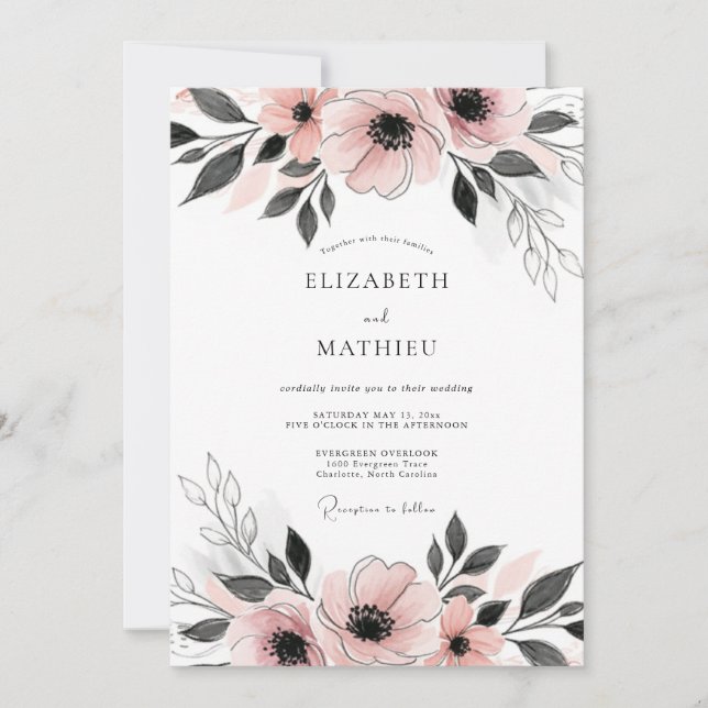 Rosa Hauchdünne Anemone Hochzeit Einladung (Vorderseite)
