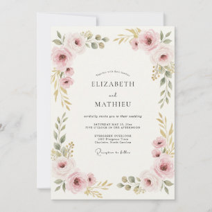 Rosa Hauchgold-Pfingstrosen-Hochzeit Einladung