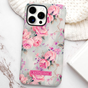 Rosa Hauchrosa Blumen mit individuellem Namen iPhone 16 Pro Max Hülle