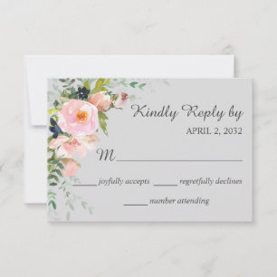 Rosa Hauchrosa Florales Bouquet auf grauer Hochzei RSVP Karte