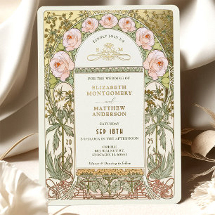 Rosa Hauchrosa Rosen Vintage-Hochzeit Art Nouveau Folieneinladung