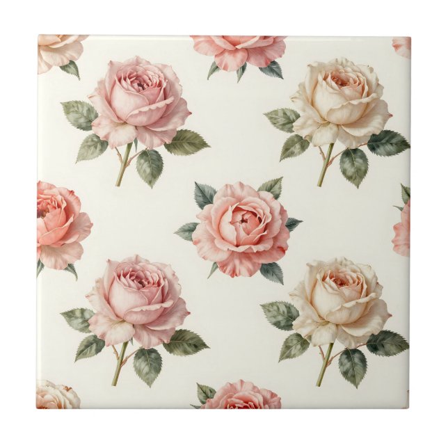 Rosa Hauchrosa Vintage-Blumenmuster Fliese (Vorderseite)