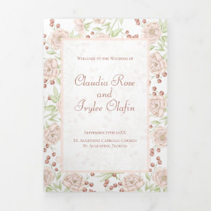 Rosa Hauchrosafarbene Rosen Hochzeitsprogramme Vin Dreifach-gefaltete Programmkarte