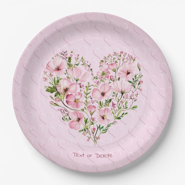Rosa Heart Floral Paper Plate Pappteller (Vorderseite)