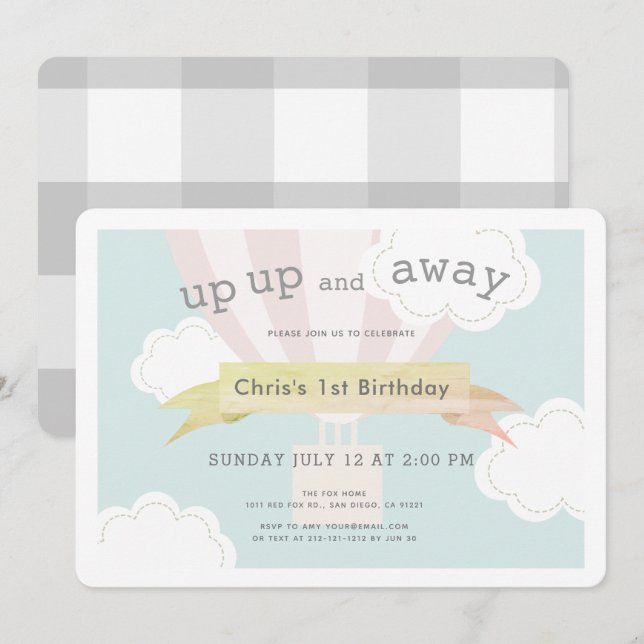 Rosa Heißluftballon Auf und Ab 1. Geburtstag Einladung (Vorne/Hinten)