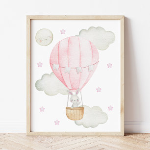 Rosa Heißluftballon, Tiere, Hase, Mädchen-Kinderzi Poster