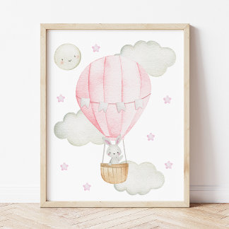 Rosa Heißluftballon, Tiere, Hase, Mädchen-Kinderzi Poster