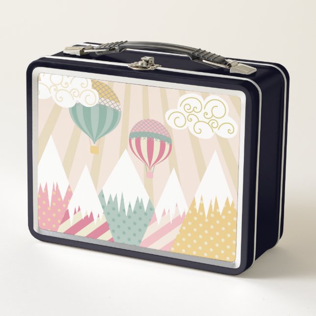 Rosa Heißluftballon und Bergwelt Metall Brotdose (Vorderseite)