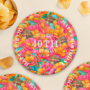 Rosa Helle Florale Goldene Disco-Kugel Happy Birth Pappteller