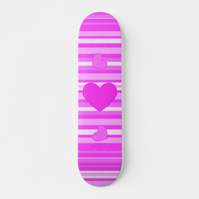 Rosa Herz auf Streifen-Skateboard Skateboard (Vorne)