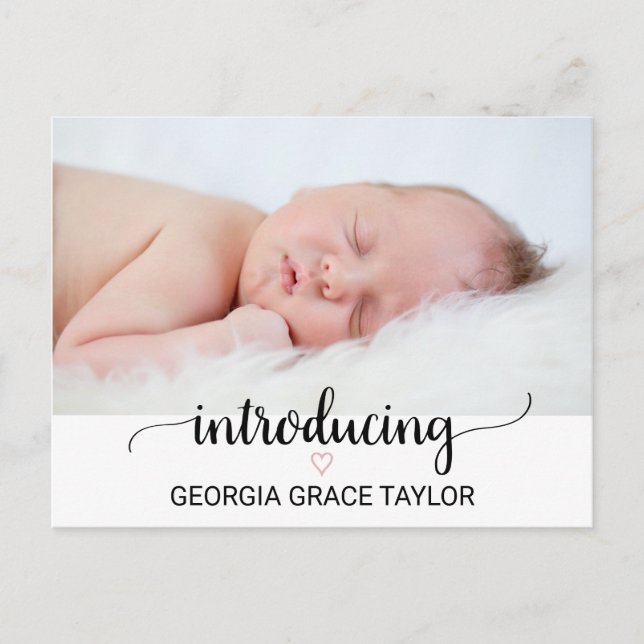 rosa Herz | Black Calligraphy Birth Ankündigung (Vorderseite)