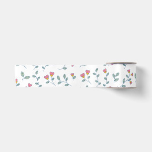 Rosa Herz Blumen-Ditsy-Weiß-Muster Satinband