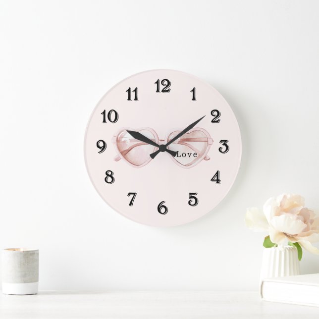 Rosa Herz Brille Liebe Große Wanduhr (Zuhause)