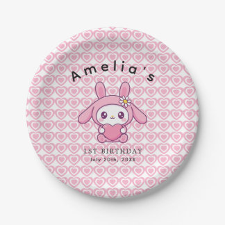 Rosa Herz Chic Hase einfaches Mädchen Geburtstag Pappteller