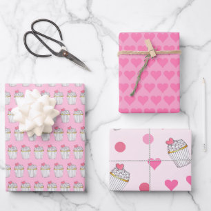 Rosa Herz Cupcake Torte Frosting Tupfen Geschenkpapier Set