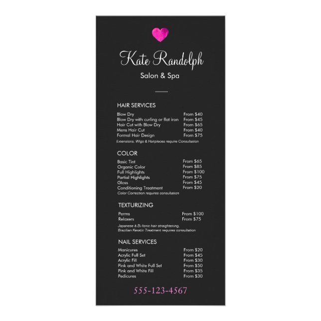 Rosa Herz Haare Salon Black Price List Menü (Vorne)