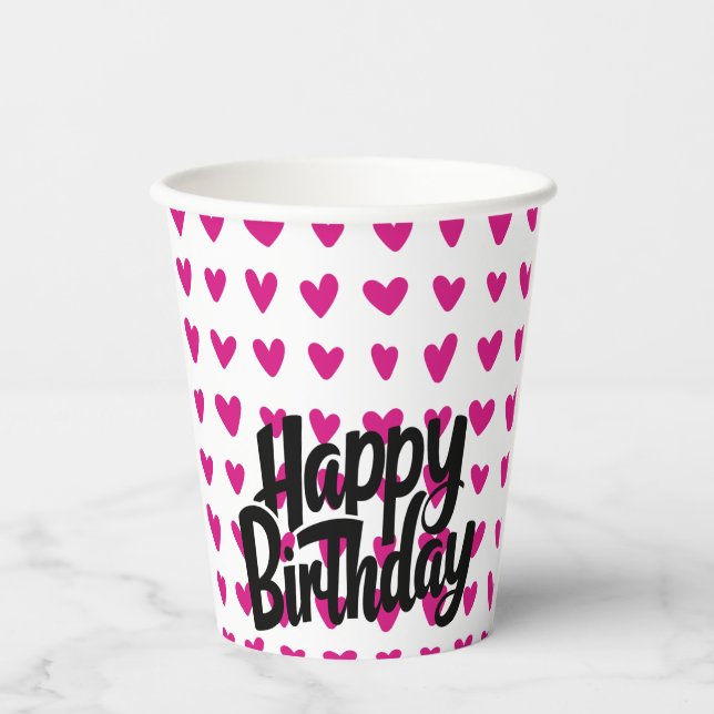 Rosa Herz Happy Geburtstag Papier Cup Pappbecher (Vorderseite)