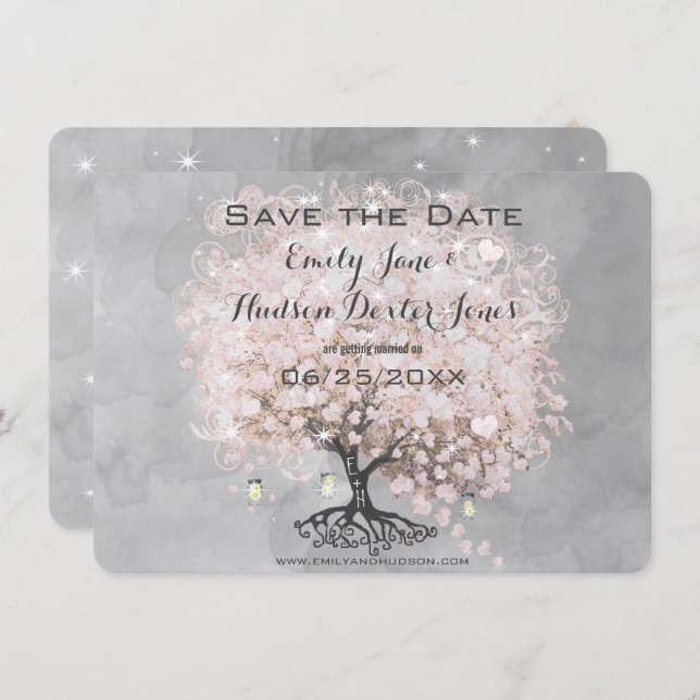 Rosa Herz Leaf Tree Save the Date Einladung (Vorne/Hinten)