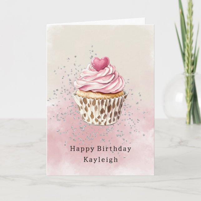 Rosa Herz Leopard Cupcake Geburtstag Karte (Vorderseite)