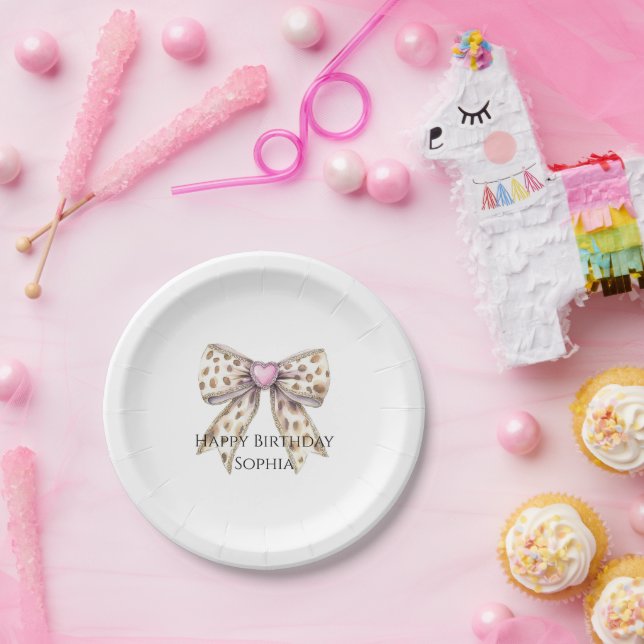 Rosa Herz Leopard Girly Bow Geburtstag Pappteller (Party)
