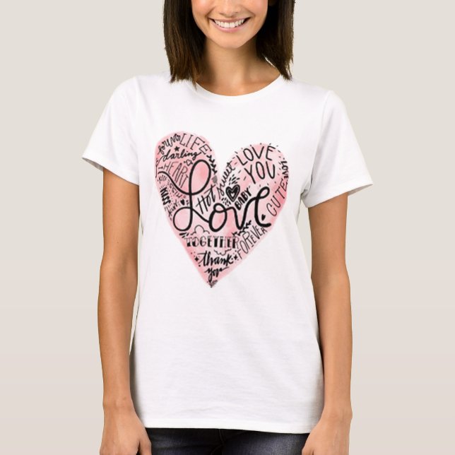 Rosa Herz Liebe Sie Valentine's Niedliche Aufnahme T-Shirt (Vorderseite)