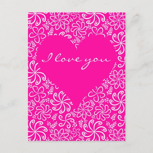 Rosa Herz mit Blume Postkarte (Vorderseite)