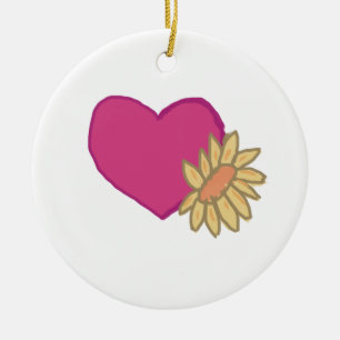 Rosa Herz mit gelber Sonnenblume Keramik Ornament