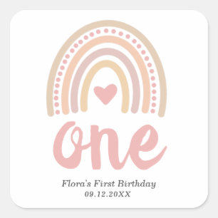 Rosa Herz Niedlich Girl Boho Rainbow Erster Geburt Quadratischer Aufkleber