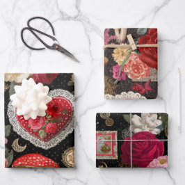 Rosa Herz-Rosen-Blumen Vintage-Verpackung Geschenkpapier Set
