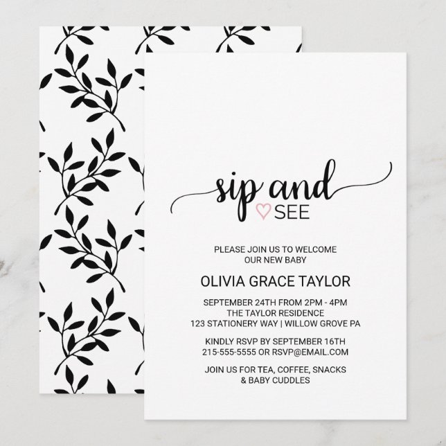 rosa Herz | Simple Black Calligraphy Sip and See Einladung (Vorne/Hinten)