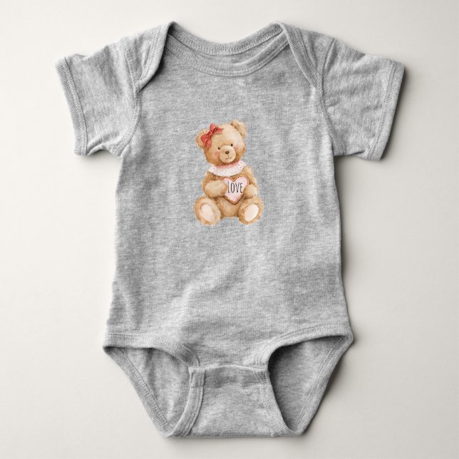 Rosa Herz Teddybär Liebe Baby Strampler (Vorderseite)