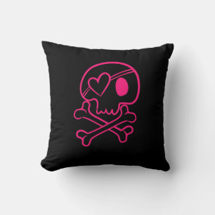 Rosa Herz-Totenkopf mit gekreuzter Knochen-Kissen Kissen