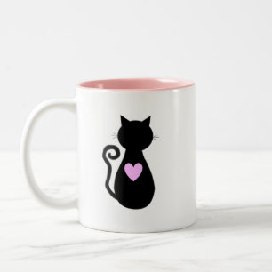 Rosa Herz und schwarze Katze Zweifarbige Tasse