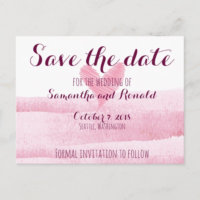 Rosa Herz Wasserfarbe Save the Date handbemalt Ankündigungspostkarte (Vorderseite)