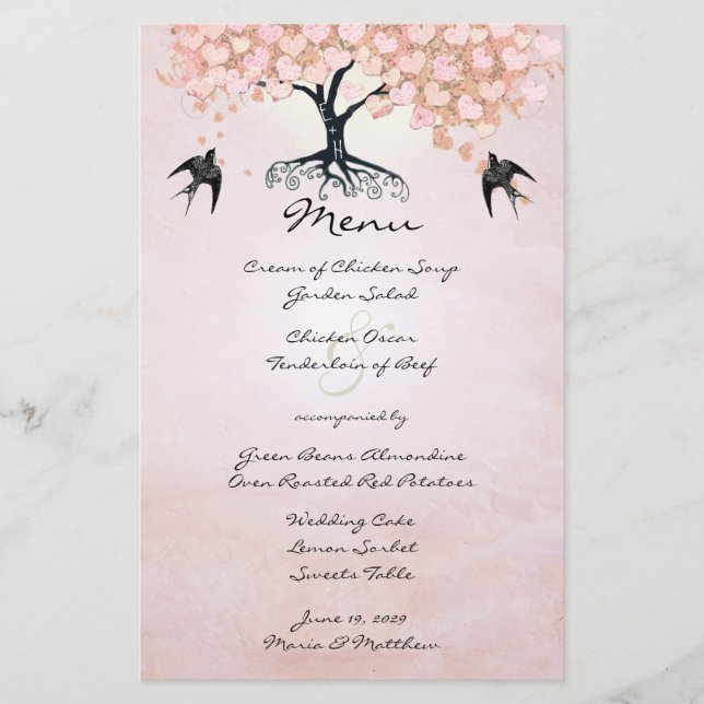 Rosa Herzblatt-Baum-Hochzeitsmenü (Vorderseite)