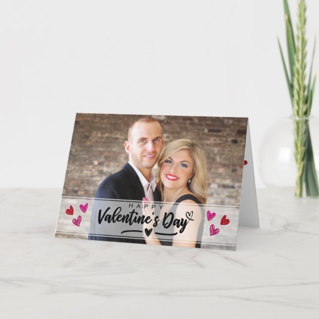 Rosa Herzchen Valentinstag Foto Scribbled Karte (Vorderseite)