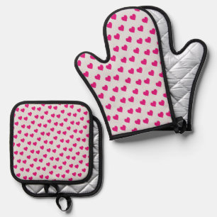 Rosa Herzen auf grau Ofenhandschuh & Topflappen-Set