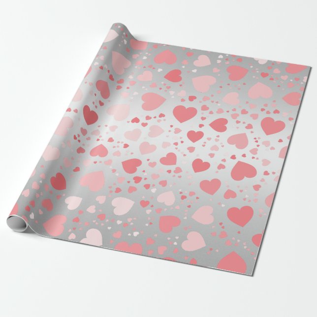 Rosa Herzen auf Silber Geschenkpapier (Ungerollt)