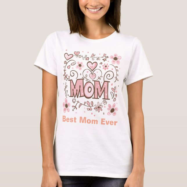 Rosa Herzen & Blumen "MUTTER" - Süße florale Mutte T-Shirt (Vorderseite)