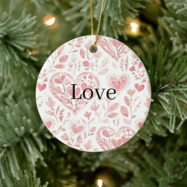 Rosa Herzen Blumige Liebe   Keramik Ornament (Baum)