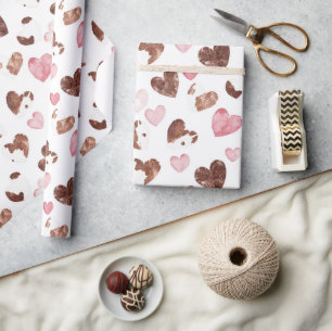 Rosa Herzen Braune Kakao-Kuh-Druck-Geburtstag Geschenkpapier