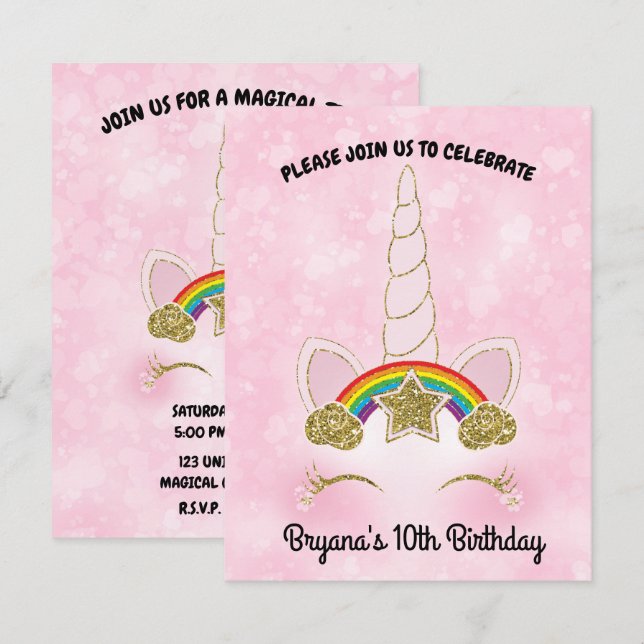 Rosa Herzen Gold Rainbow Star Horn Face Einladung (Vorne/Hinten)