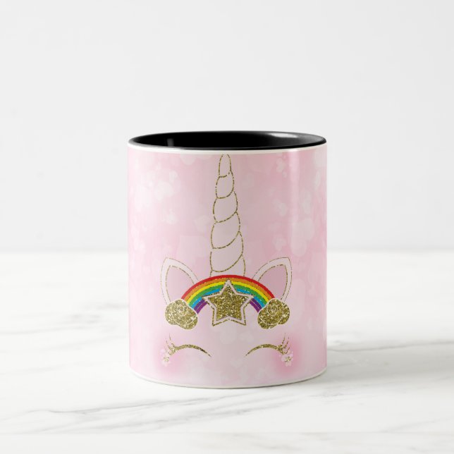 Rosa Herzen Gold Rainbow Star Horn Face Zweifarbige Tasse (Mittel)