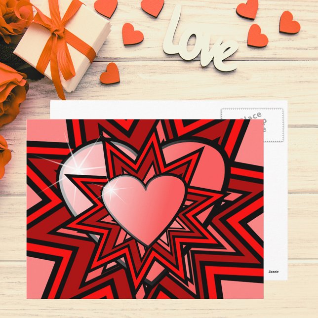 Rosa Herzen in roter abstrakter Design Postkarte (Pink Hearts in Red Abstract Design Postcard)