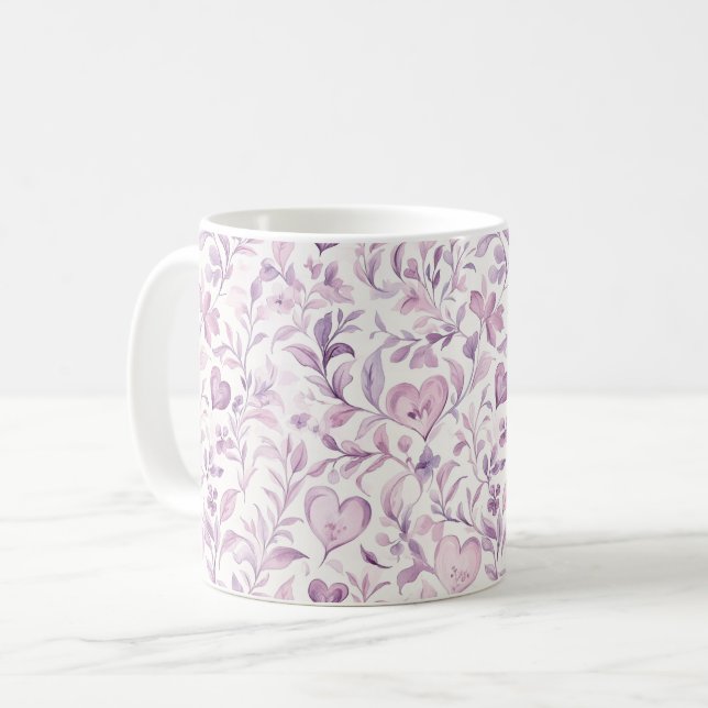 Rosa Herzen Lila Blätter Kaffeetasse (Vorderseite Links)