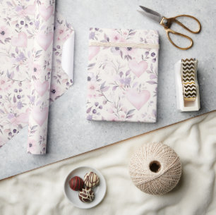 Rosa Herzen Lila Blumen Geburtstag Geschenkpapier