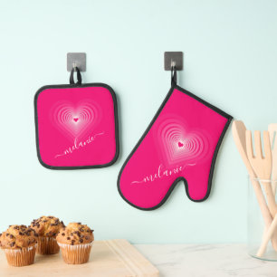 Rosa Herzen Ofenhandschuh & Topflappen Set mit ind
