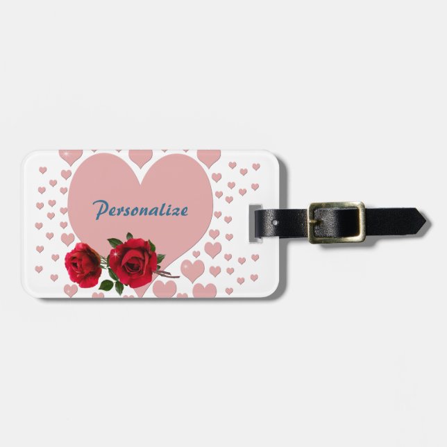 Rosa Herzen Rote Rosen Romantische Persönliche Rei Gepäckanhänger (Vorderseite horizontal)